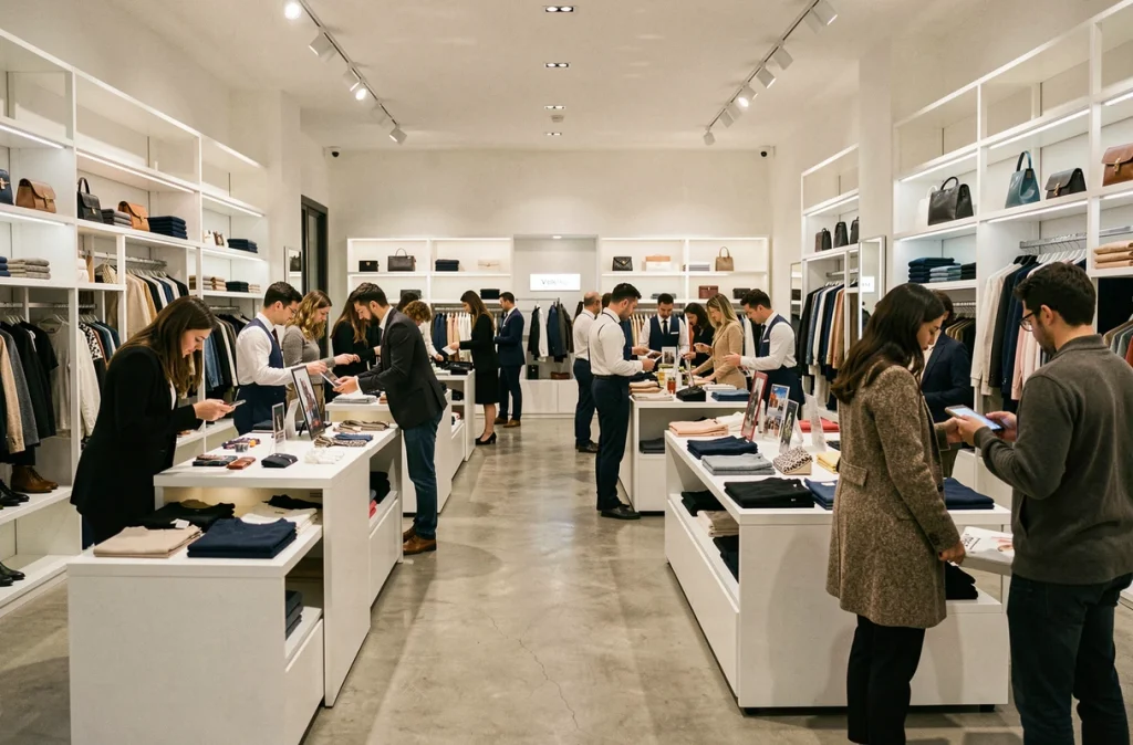 Intérieur d'un magasin des Champs-Élysées ouvert le dimanche soir avec des clients qui font leurs achats