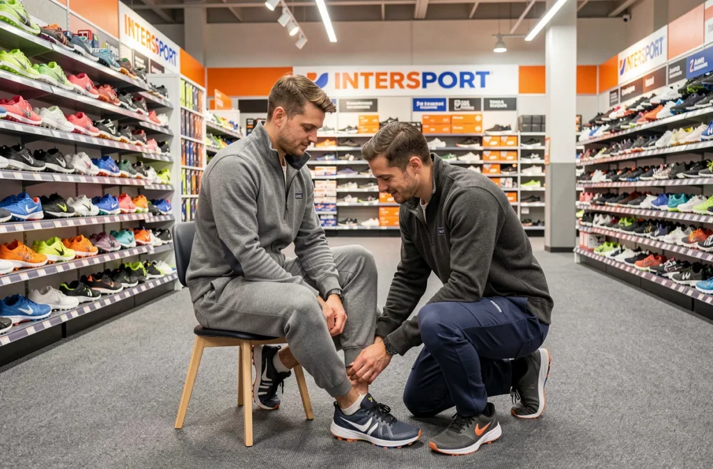 Client se faisant conseiller sur des sneakers de sport par un vendeur chez Intersport à Lille Lomme