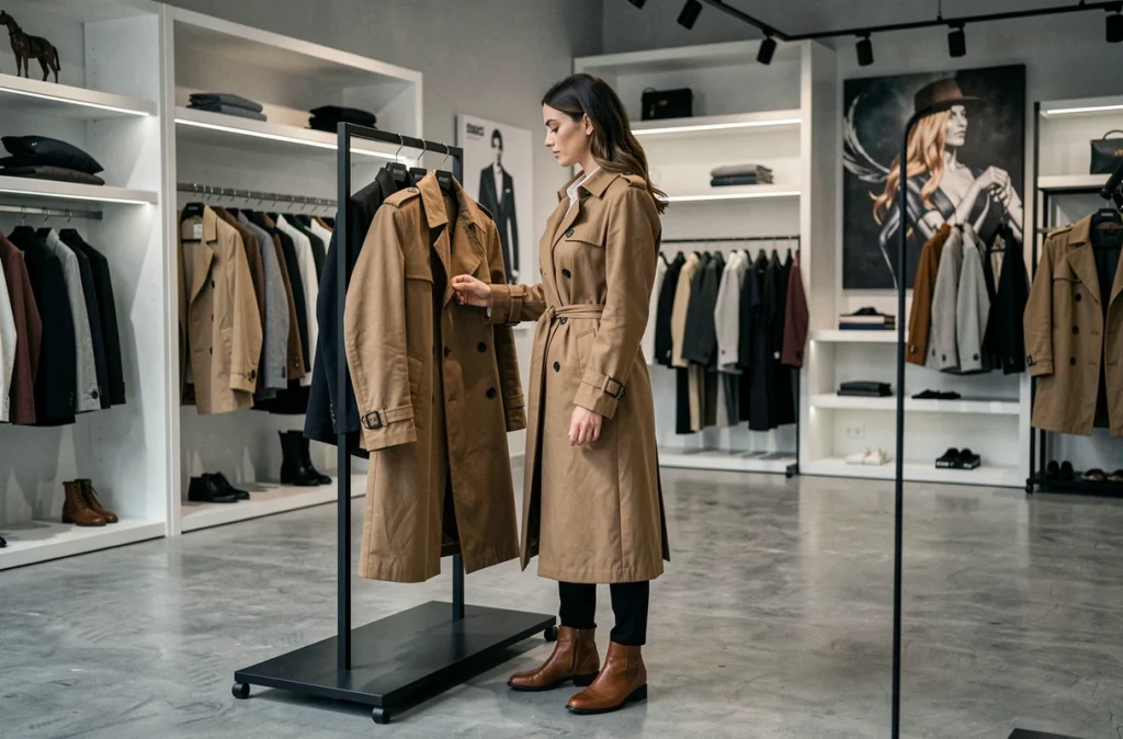 Une femme élégante examine une pièce vintage de qualité dans le concept store haut de gamme Kiliwatch à Paris
