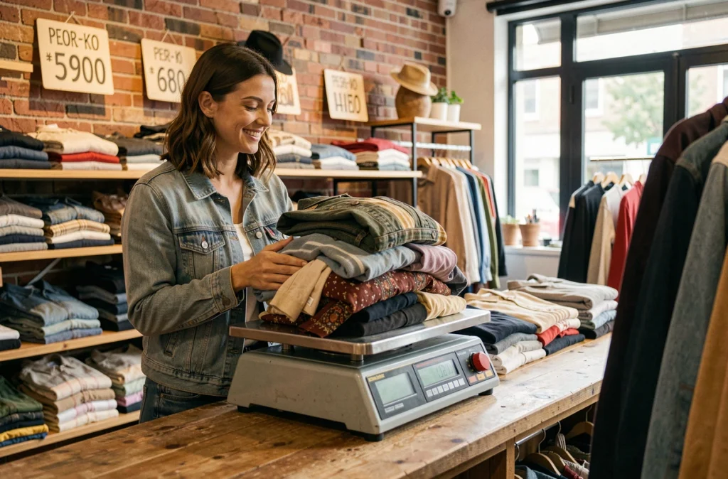 Une cliente pose ses vêtements sur une balance dans une friperie au poids de type Kilo Shop à Paris