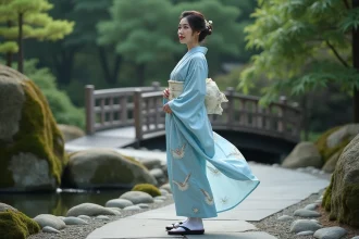 Femme japonaise en kimono bleu pâle avec geta noirs et chaussettes tabi blanches dans un jardin japonais traditionnel