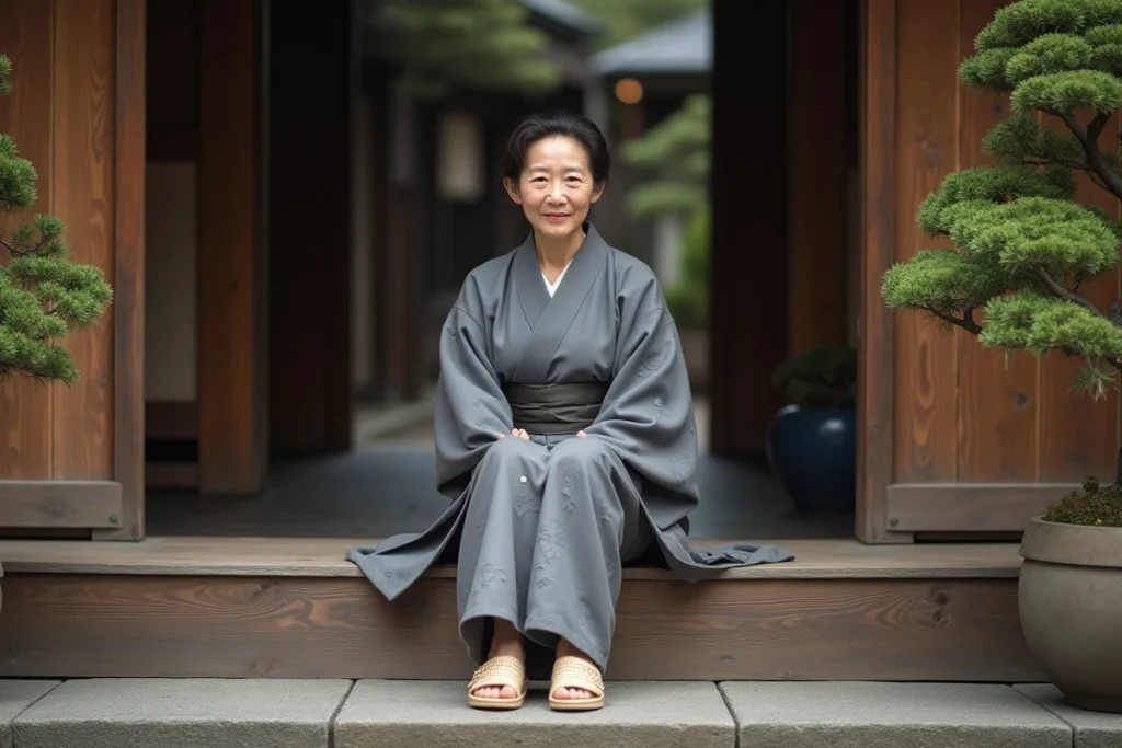 Femme en kimono gris komon assise sur les marches d'une machiya de Kyoto avec des sandales okobo en bois naturel