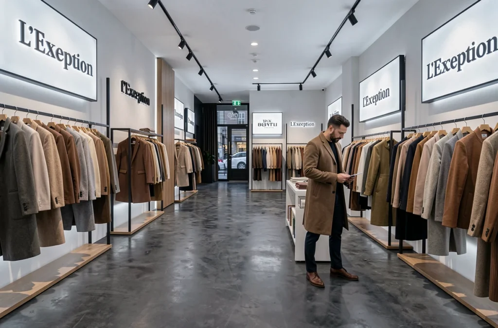Espace L'Exception dédié à la mode française avec portants de vêtements prêt-à-porter et sol en béton foncé dans un cadre contemporain épuré
