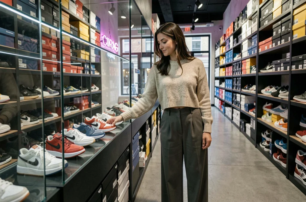 Femme découvrant une sneaker de collection dans une vitrine de La Boite Collector à Lille, ambiance exclusive et urbaine