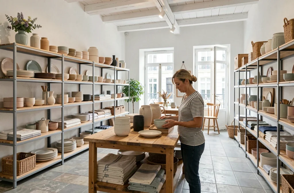 Intérieur de La Trésorerie avec vaisselle artisanale, textiles en lin et objets du quotidien fabriqués en France sur des étagères métalliques