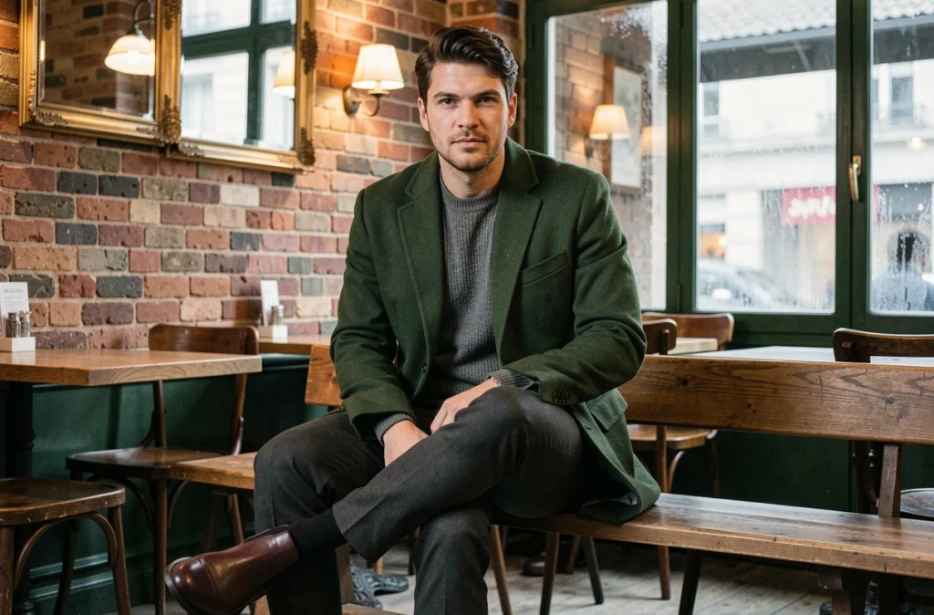 Homme en manteau vert forêt, pull gris et boots bordeaux dans un café parisien, look mode hiver 2026