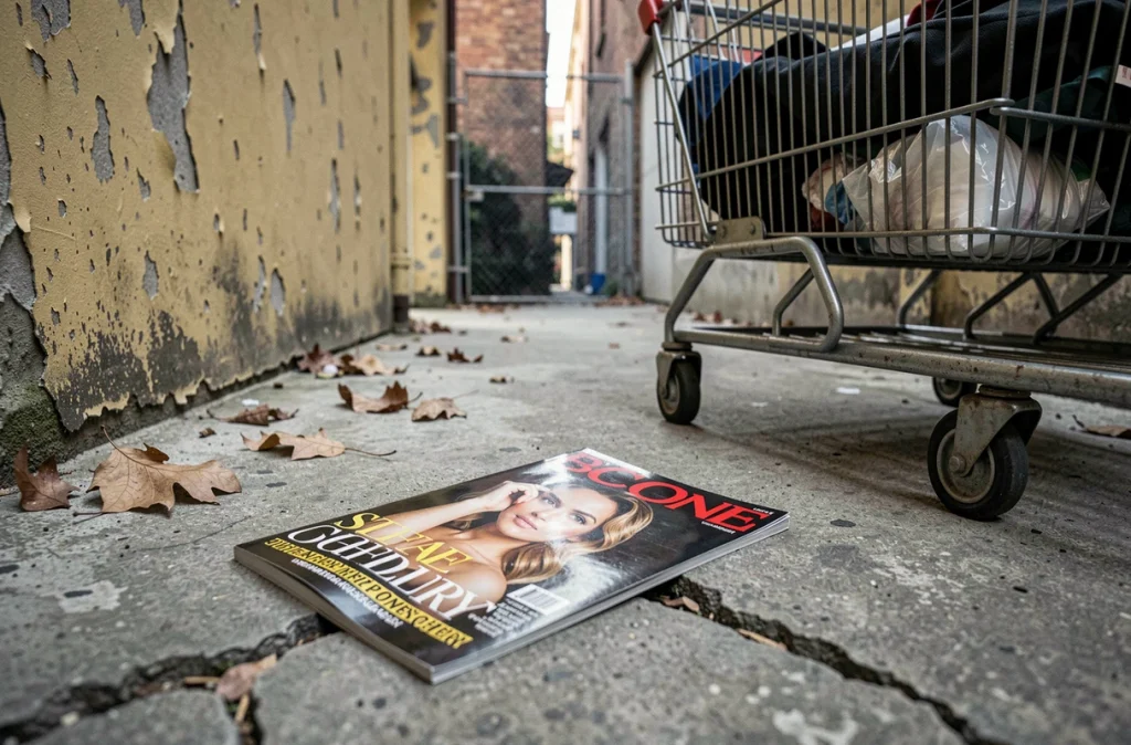 Magazine de célébrité froissé posé sur du béton fissuré près d'un caddie de rue, symbolisant le contraste entre gloire passée et difficultés actuelles