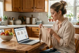 Maman utilisant un convertisseur de taille vêtement enfant sur son ordinateur portable dans une cuisine familiale