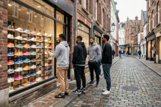 Vue de rue animée avec des magasins de baskets dans une ville du Nord de la France, ambiance urbaine et streetwear