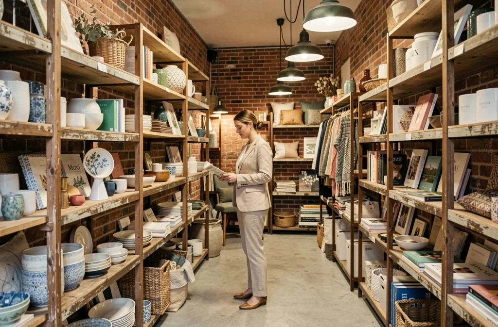 Intérieur du concept store Merci à Paris avec murs en briques rouges, étagères en bois et produits lifestyle soigneusement sélectionnés