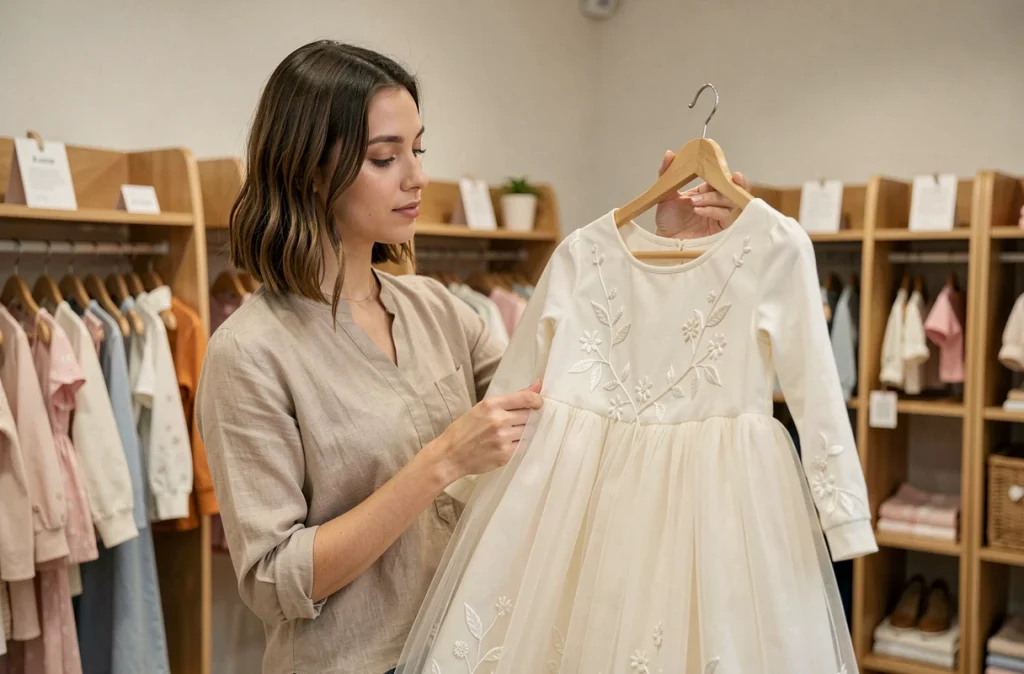 Mère tenant une robe de baptême bébé élégante sur cintre dans une boutique de vêtements pour enfants