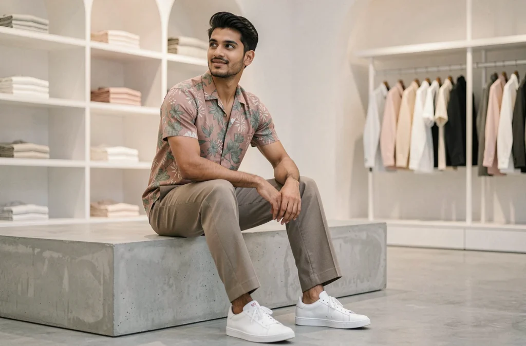 Homme en chemise à imprimé floral superposée sur pantalon uni taupe assis dans un concept store minimaliste, illustrant le mélange motifs et couleurs neutres