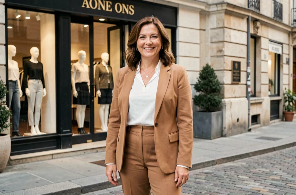 Femme aux courbes généreuses portant une tenue bien ajustée devant une boutique de mode, illustrant comment choisir la bonne taille selon sa morphologie