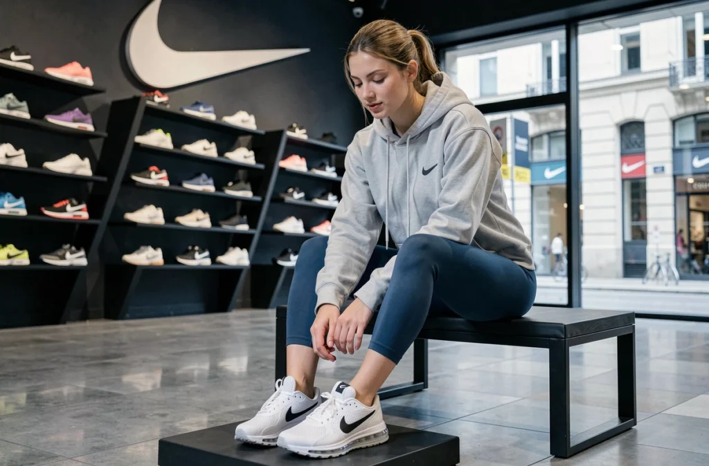Jeune femme essayant des Nike Air Max dans le Nike Store officiel de Lille, ambiance moderne et épurée de la marque