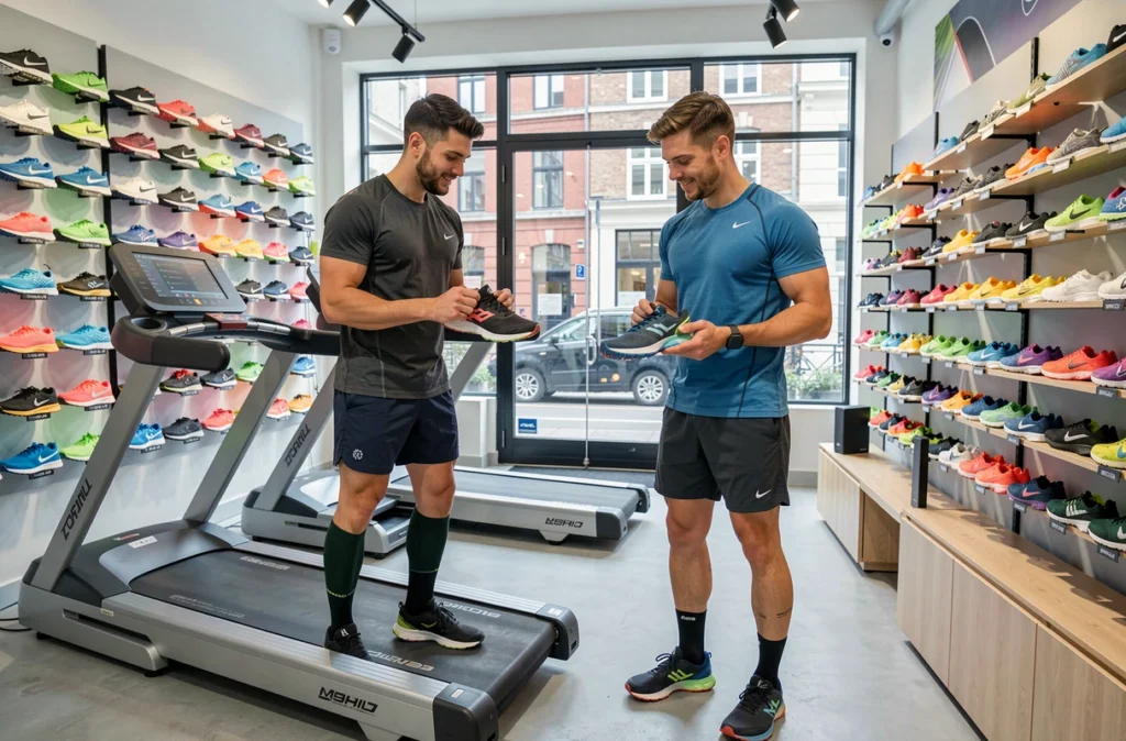 Deux amis comparant des chaussures de running chez Off Course à Lille, magasin spécialisé avec mur de sneakers colorées