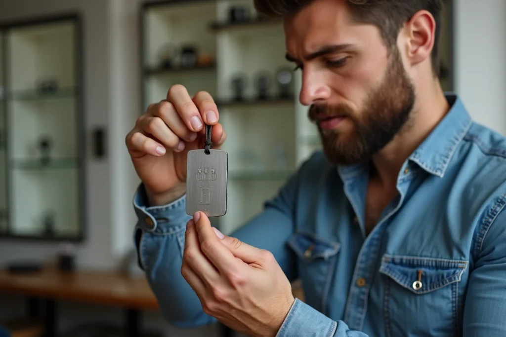 Homme inspectant un pendentif acier personnalisé sur cordon cuir dans un atelier de bijouterie moderne, bijoux homme 2026