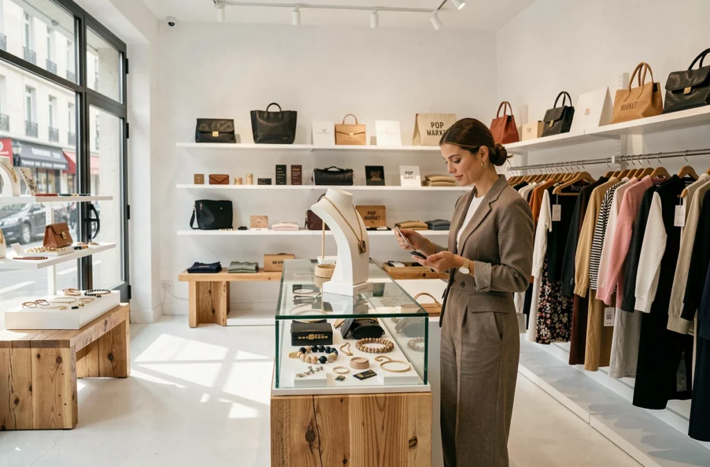 Intérieur de Pop Market avec créations de designers français indépendants, bijoux artisanaux et vêtements exposés sur mobilier en chêne brut