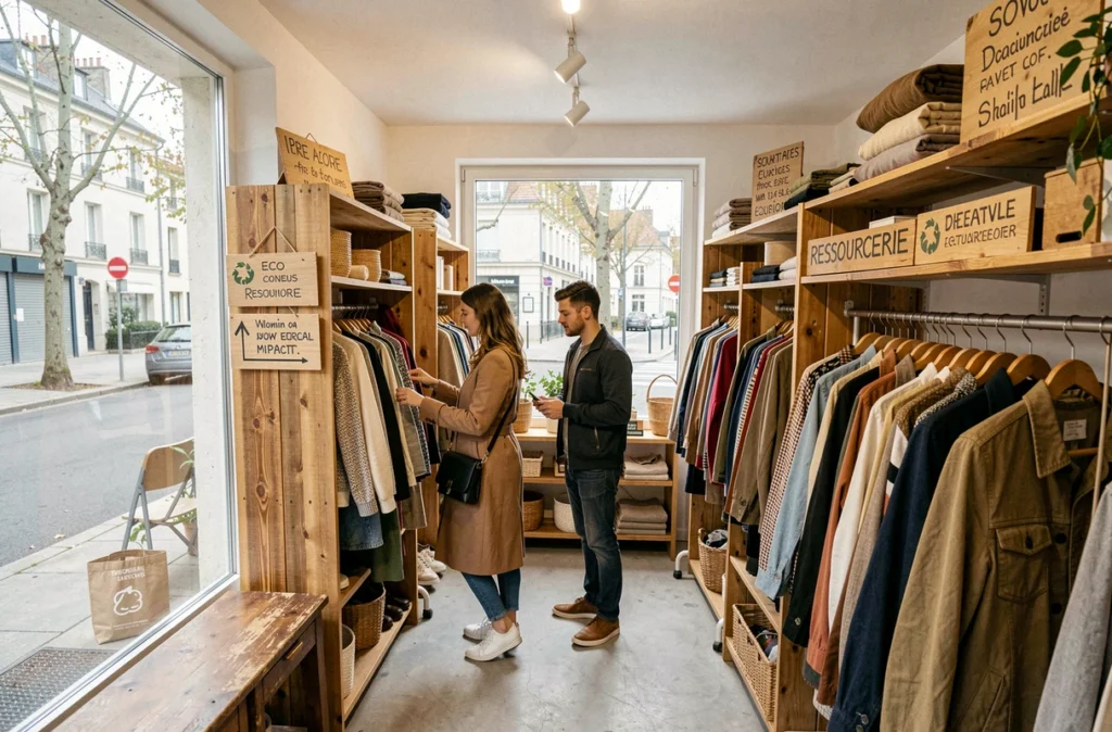 Un couple explore une ressourcerie solidaire en banlieue parisienne, représentant la Ressourcerie des 2 Rives