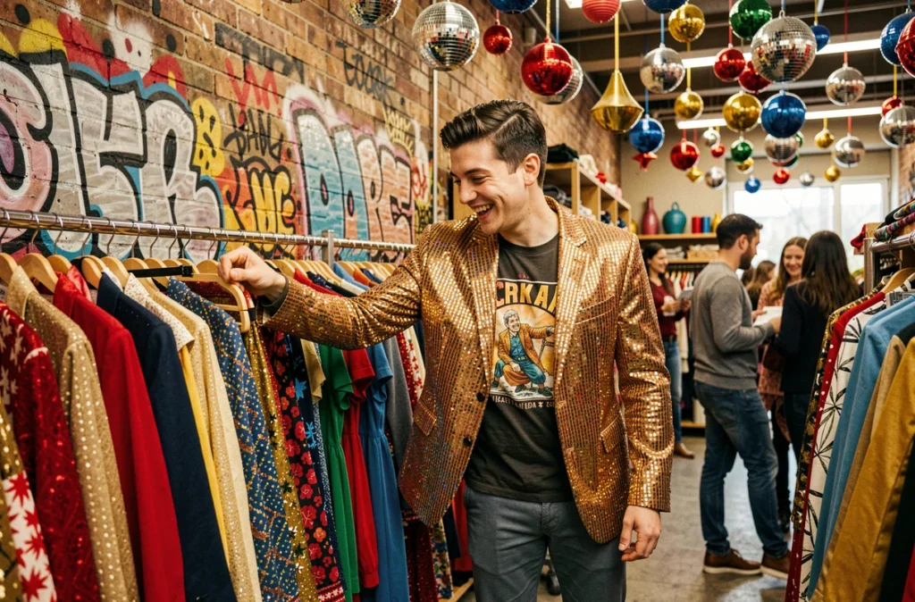 Un jeune homme en blazer à sequins explore les portants festifs de la friperie Retro entre Les Halles et Arts et Métiers
