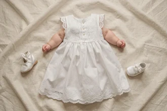 Robe de baptême bébé fille blanche en dentelle posée sur un tissu ivoire, vue de dessus