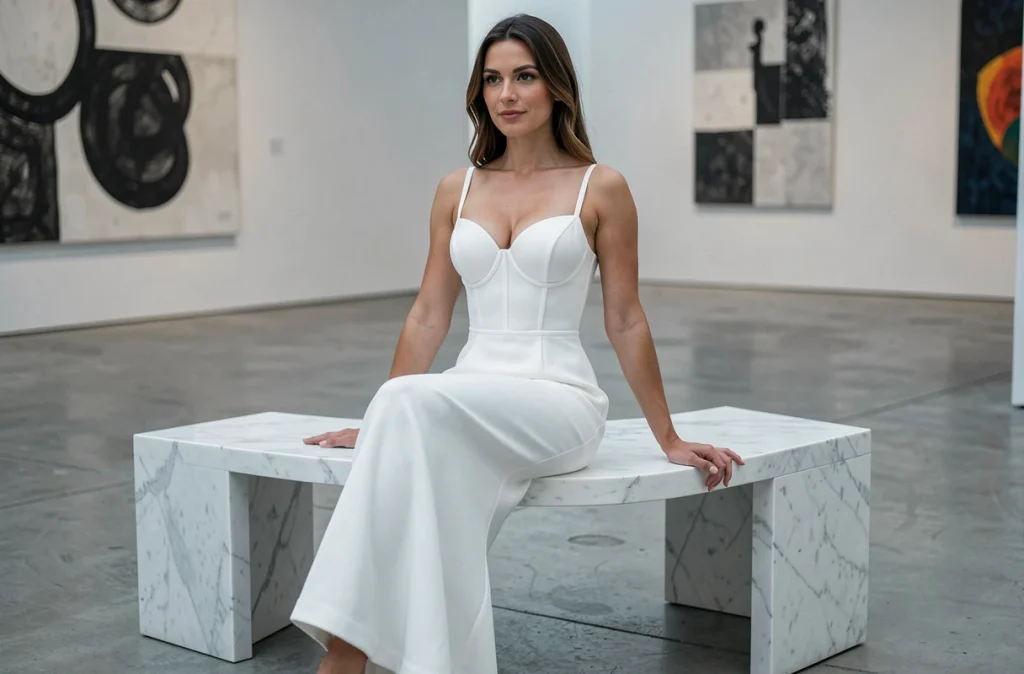 Femme assise en robe bustier longue blanche en crêpe structuré dans une galerie d'art contemporaine