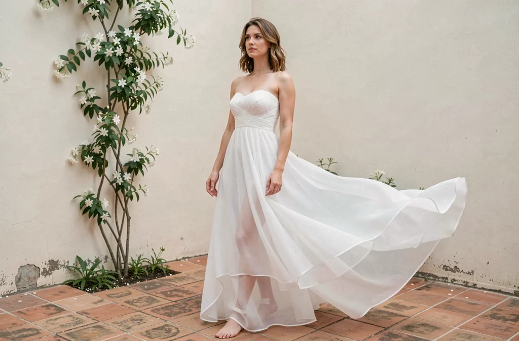 Robe bustier longue blanche en mousseline de soie portée dans une cour extérieure avec carrelage en terre cuite