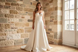 Femme portant une robe bustier longue blanche en satin duchesse dans un atelier parisien aux murs en pierre