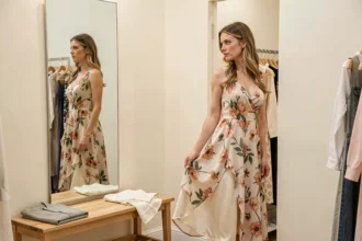 Femme essayant une robe fluide avec jupon en satin ivoire dans une cabine d'essayage de boutique