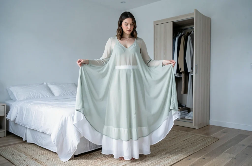 Femme en robe longue transparente sauge portant un jupon blanc structuré dans une chambre minimaliste