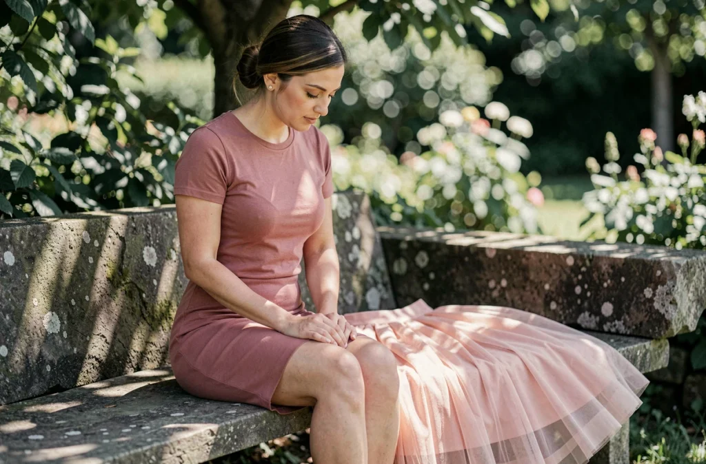 Femme en robe moulante rose avec jupon en tulle posé à côté d'elle sur un banc de jardin