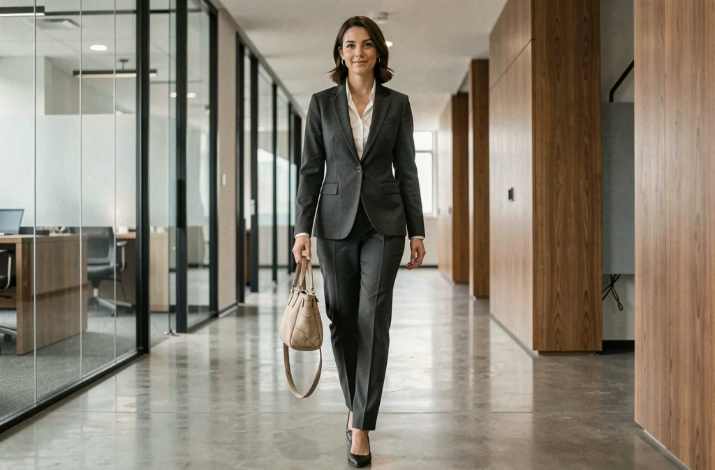 Femme professionnelle en tailleur portant un petit sac baguette démodé, erreur de style accessoire mode bureau 2026