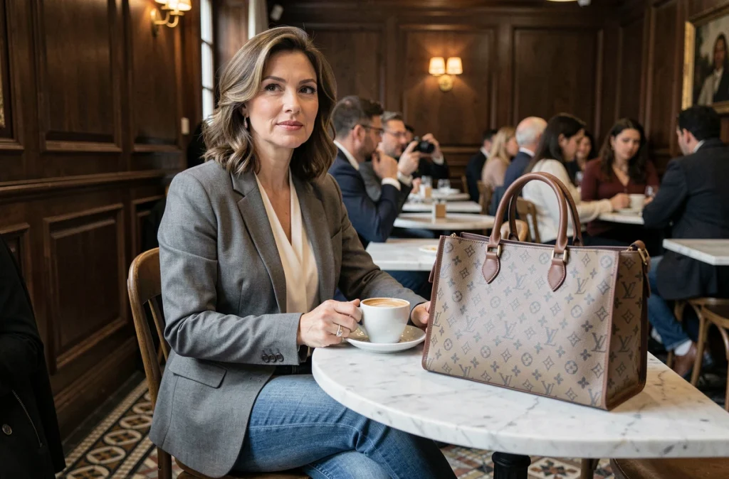 Femme assise en café tenant un sac à main logomania excessif, erreur de style tendance sac 2026 à éviter