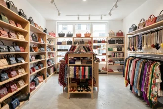 Showroom de grossiste avec sacs, foulards et bijoux fantaisie