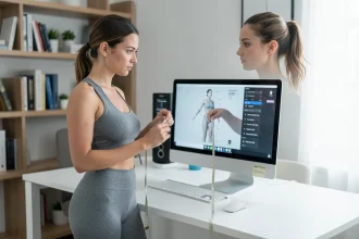 Femme mesurant sa silhouette virtuelle sur un logiciel de mensurations 3D devant un ordinateur de bureau