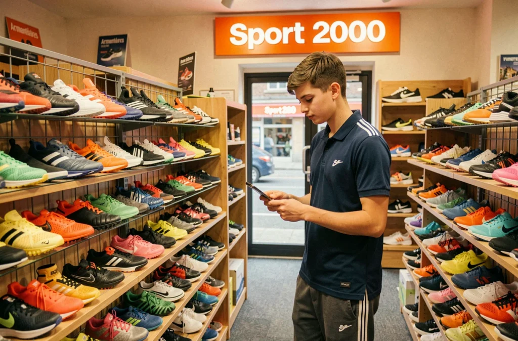 Adolescent consultant le rayon baskets chez Sport 2000 à Armentières, magasin de sport de proximité bien achalandé