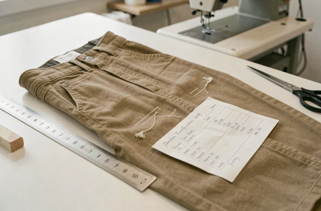 Vue de dessus d'une table de retouche avec pantalon, craie de tailleur et facture détaillant le tarif de retouche