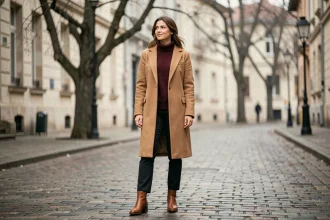 Femme portant un manteau camel, un pull bordeaux et des bottines cognac en tenue hivernale tendance 2026