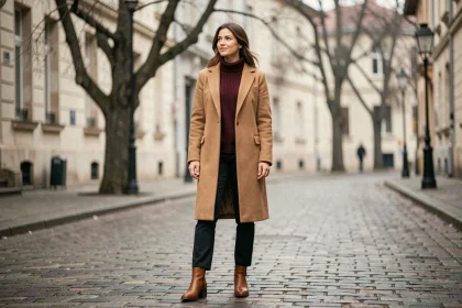 Femme portant un manteau camel, un pull bordeaux et des bottines cognac en tenue hivernale tendance 2026