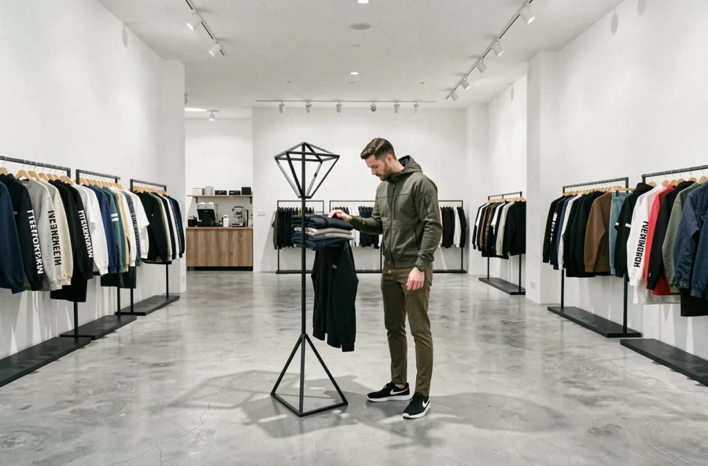 Espace minimaliste de The Broken Arm avec vêtements streetwear haut de gamme sur portants et sol en béton poli