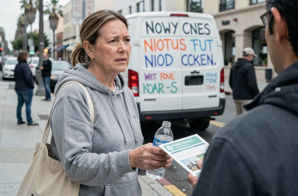 Travailleuse sociale distribuant des ressources d'aide dans une rue de Los Angeles, exprimant empathie et engagement lors d'une mission d'assistance aux personnes vulnérables