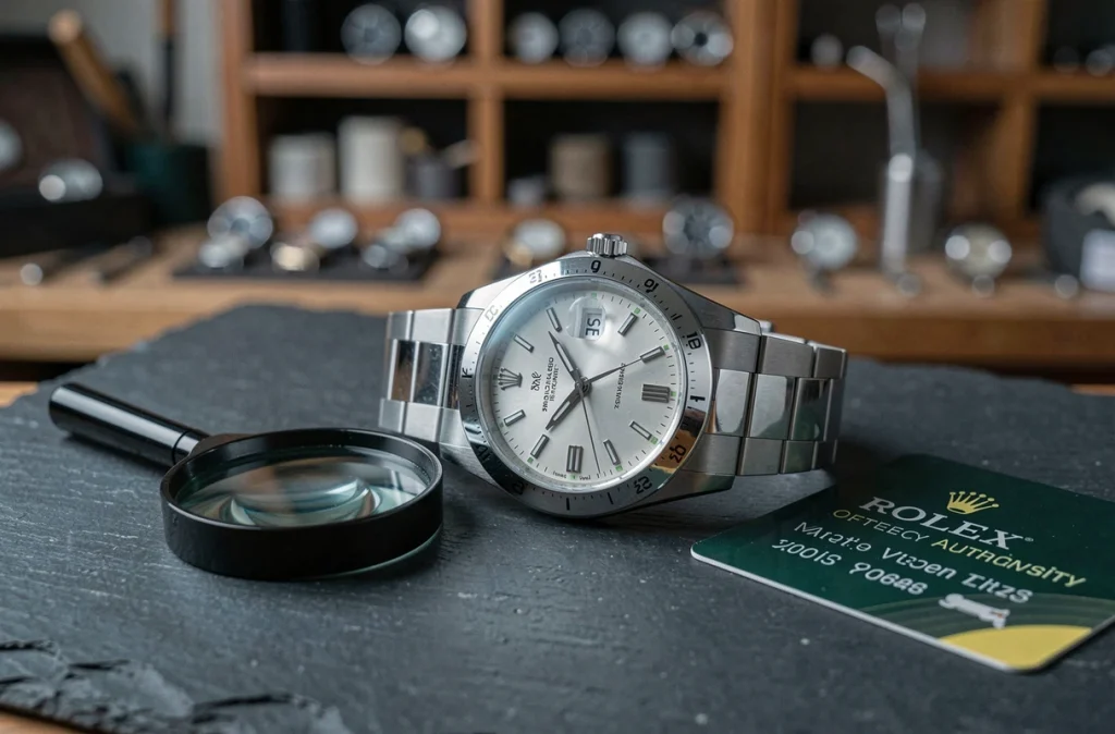 Montre Rolex Datejust posée avec une loupe et une carte d'authenticité pour vérification avant achat