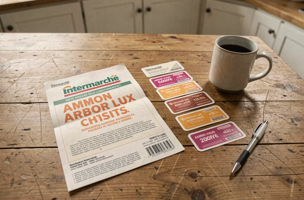Vignettes Intermarché Armor Lux et règlement du jeu posés sur une table en bois