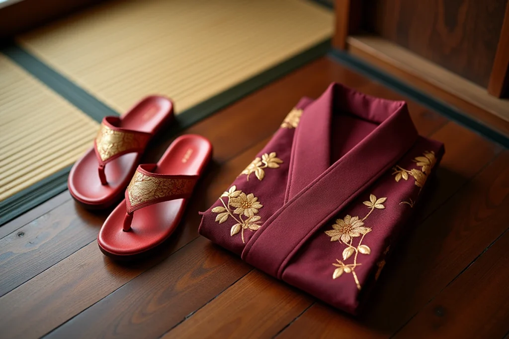 Paire de zori rouges laqués avec brocart doré posés à côté d'un furisode bordeaux brodé sur tatami japonais